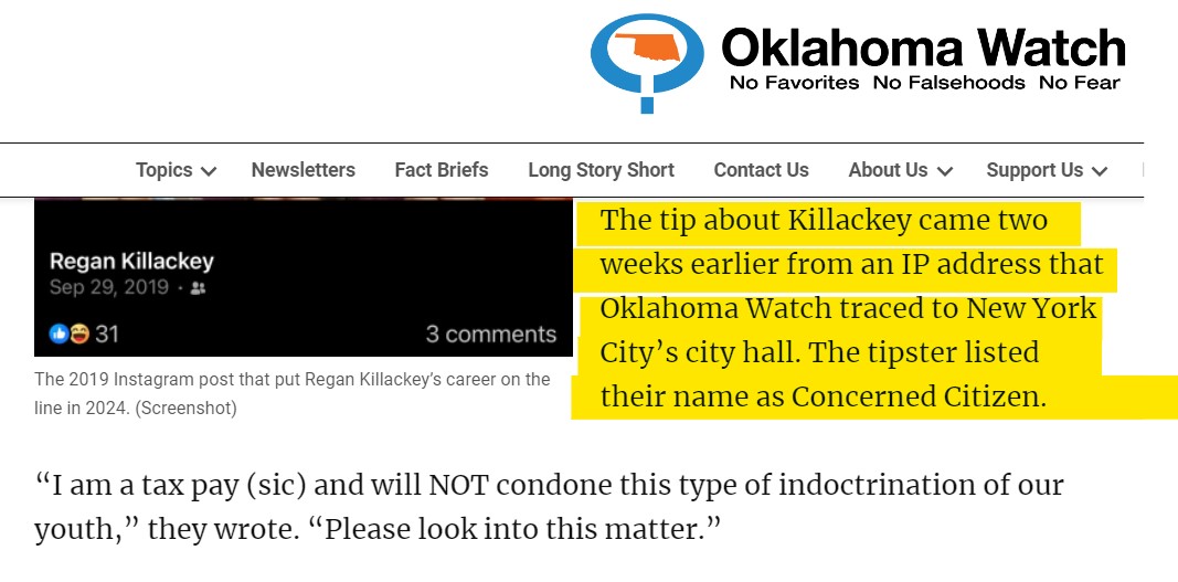 Oklahoma Watch Requests – And Receives – Anonymous Tip Information To Write Story In Favor Of Edmond Teacher Regan Killacky