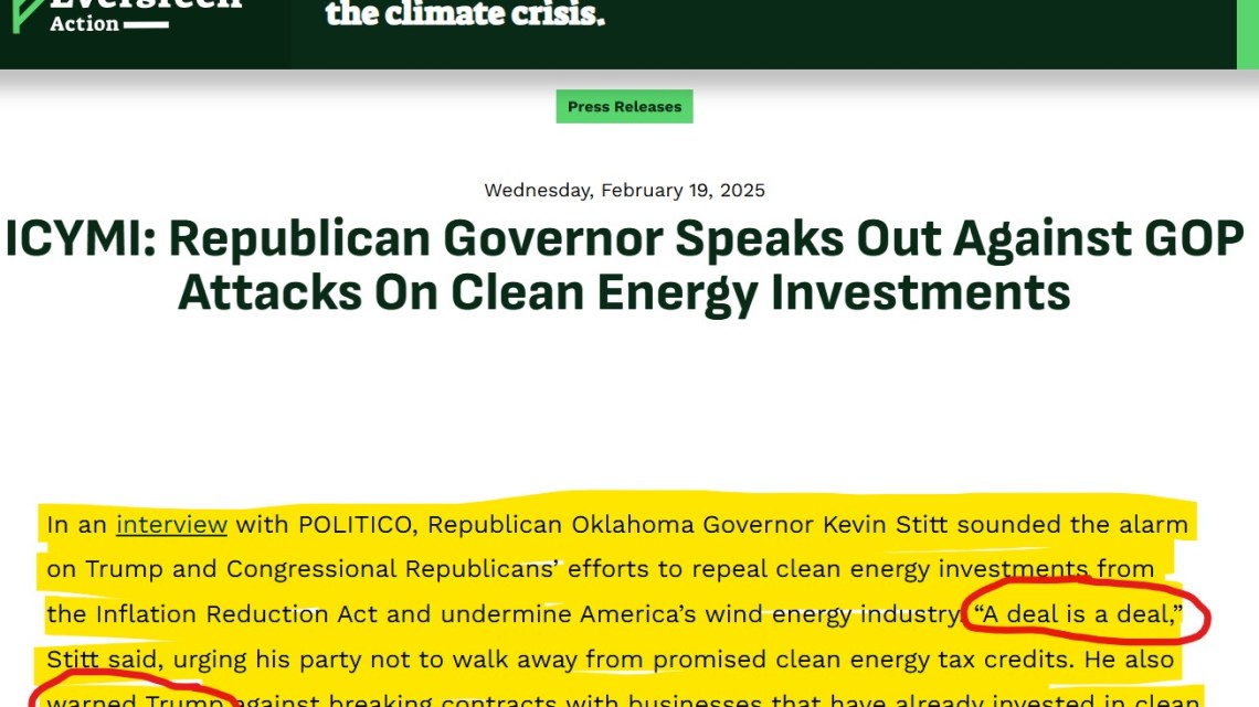 Governor Stitt (R) Warns Trump Not To Dump Green Subsidies.