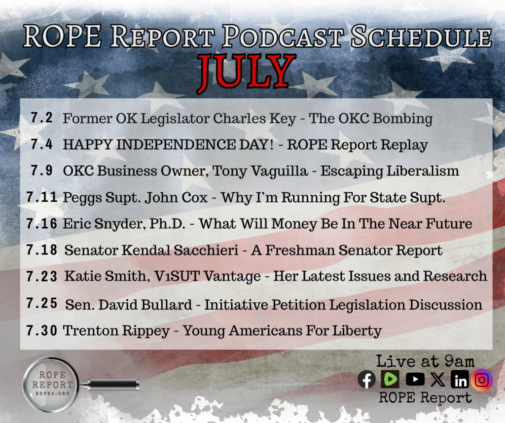 Image of a podcast schedule for July, featuring various guests and topics such as the OKC Bombing, Independence Day, and political discussions, set against a background of the American flag.