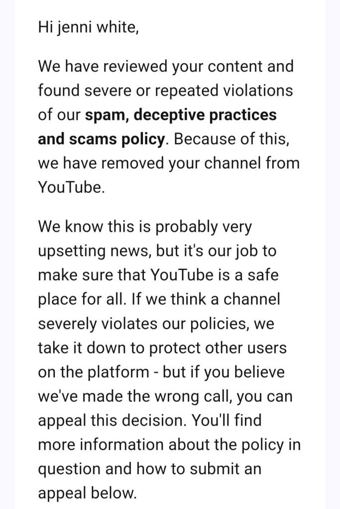 Screenshot of an email from YouTube informing the recipient about the removal of their channel due to spam and policy violations.