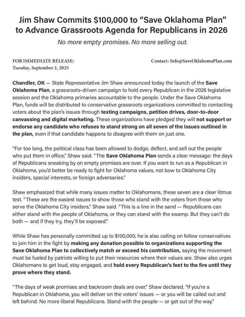 Jim Shaw "Save Oklahoma Plan"