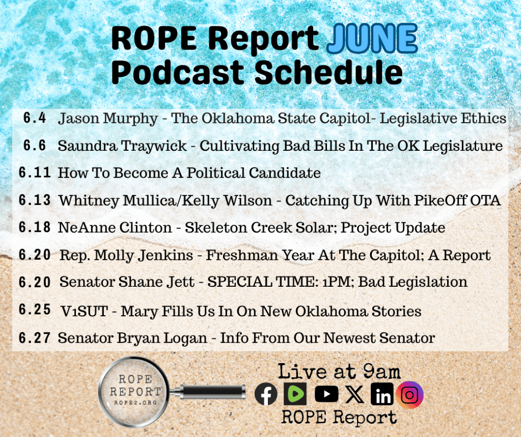A digital flyer displaying the June podcast schedule for ROPE Report. It lists various speakers and topics for each date in June, set against a beach background.