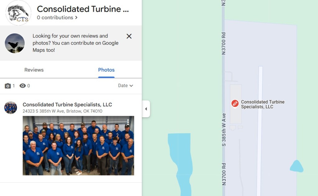 A Google Maps screenshot featuring the location of Consolidated Turbine Specialists, LLC in Bristow, Oklahoma, showing the building and surrounding area.